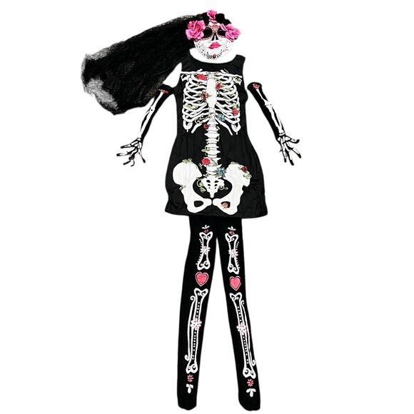 Skeleton Dress Mask Leggings Arm Sleeves Día de los Muertos 6 Piece Costume SM - Picture 1 of 7